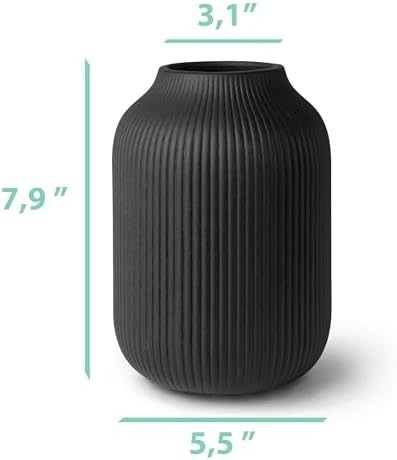 Flature Ceramic Vase with Grooves - Matte Black 20cm