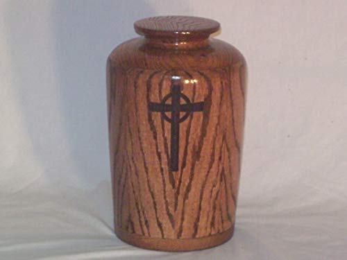 Solid Oak Round Cremation Urn with Celtic Cross Medium Cherry