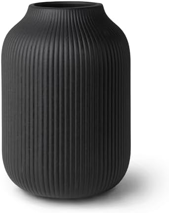 Flature Ceramic Vase with Grooves - Matte Black 20cm