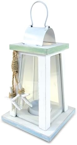 Puzzled Beach Lantern - White Wood Metal Candle Holder with Starfish Rope Accents
