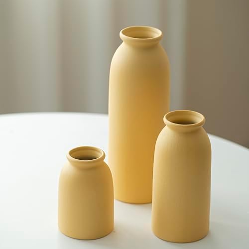 Ceramic Vase Set 3 - Distressed Yellow Boho Farmhouse Style