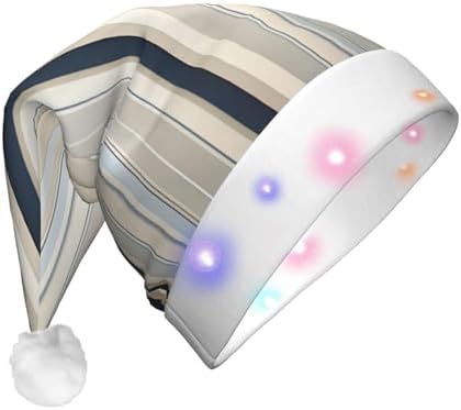 Blue Beige Stripe Christmas Hat with LED Lights