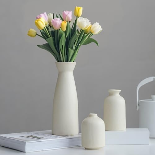 Distressed Ceramic Vase Set of 3 Modern Bohemian Farmhouse Decor