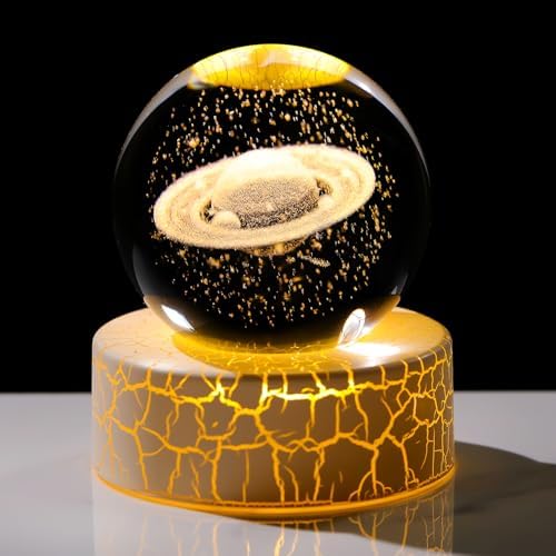 Crystal 3D Saturn Ball Figurine with Warm Light Base