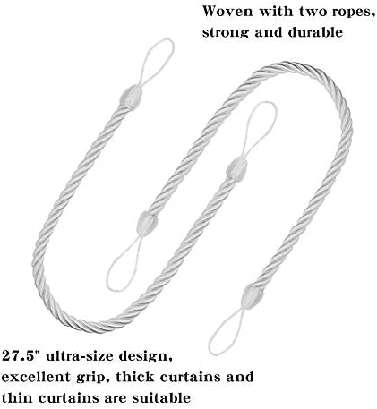 BEL AVENIR Curtain Rope Tiebacks with 4 Metal Screw Hooks White 4 Pack