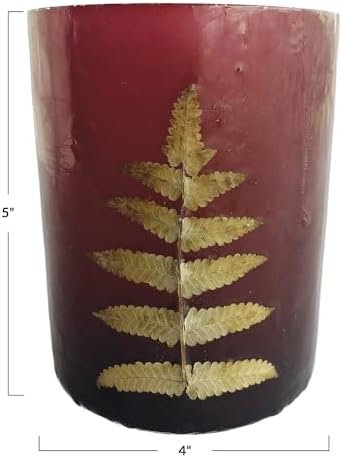 Creative Co Op Large Glass Votive Candleholder with Eucalyptus Leaves Red Gold Finish