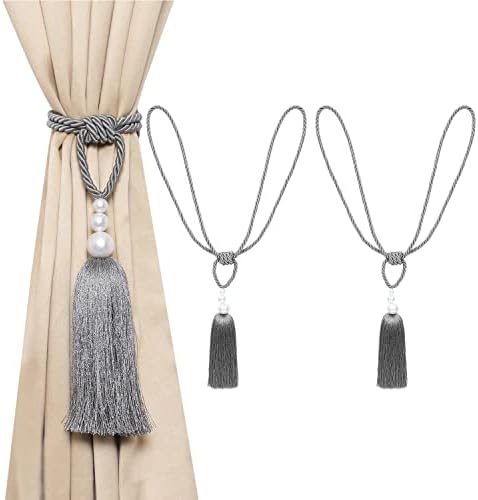 2 Pack Curtain Tiebacks with Pearl Holdbacks Gray