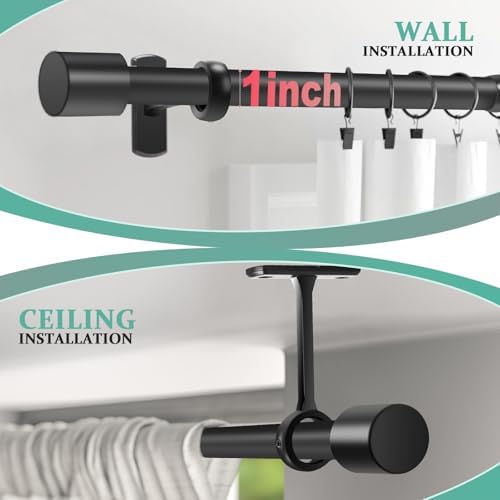 Adjustable 1 Inch Black Curtain Rod for Windows 72-144 Inches