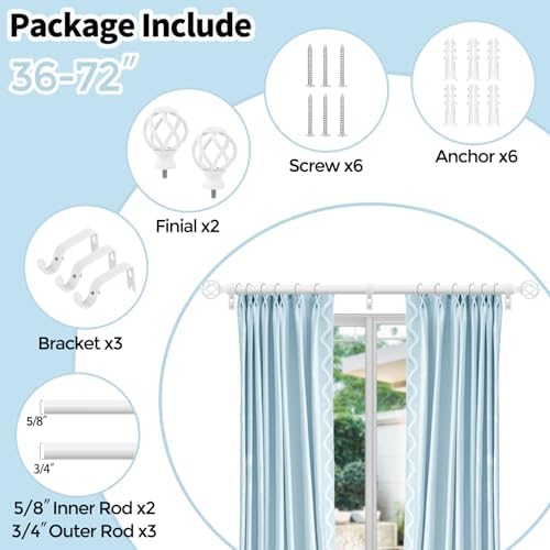 VOIIY 36-72 Inch White Curtain Rod Set with Twisted Finials