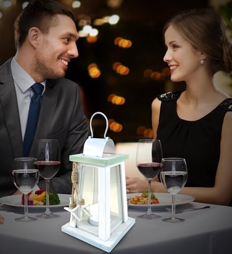 Puzzled Beach Lantern - White Wood Metal Candle Holder with Starfish Rope Accents