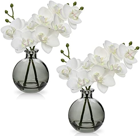 White Orchids Artificial Flower Set of 2 with Black Glass Vase