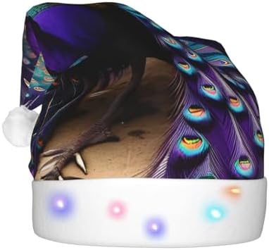Purple Peacock Print Christmas Hat with LED Lights