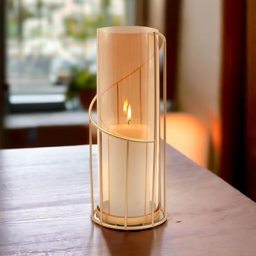 Hosley 12-Inch Metal Glass Hurricane Candle Holder