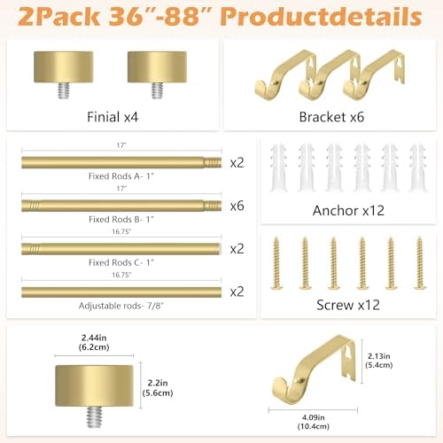 OLV 2 Pack Gold Curtain Rods for Windows 48-84 Inch