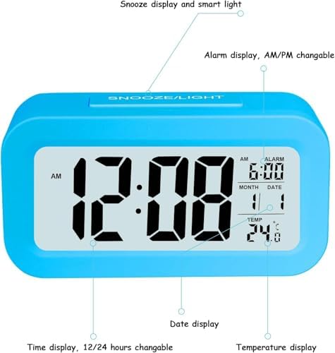 Hooporia Blue Alarm Clock with LCD Screen and Snooze Function