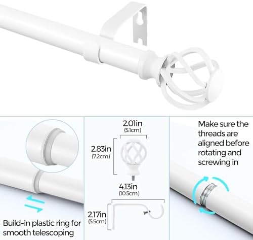 VOIIY 36-72 Inch White Curtain Rod Set with Twisted Finials