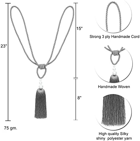 2 Pack Curtain Tiebacks with Pearl Holdbacks Gray