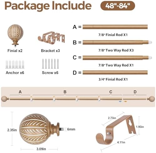 KAMANINA 1 Inch Adjustable Wood Curtain Rods 48-84 Inches