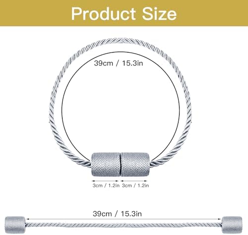 6 Pack Strong Magnetic Curtain Holdbacks with Thick Twist Rope Grey