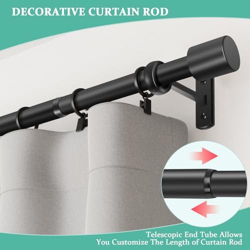 Adjustable 1 Inch Black Curtain Rod for Windows 72-144 Inches