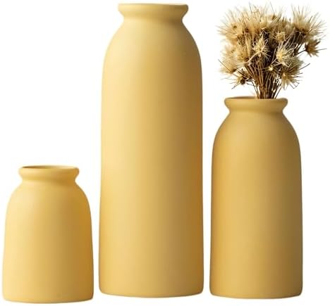 Ceramic Vase Set 3 - Distressed Yellow Boho Farmhouse Style