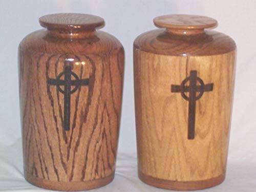 Solid Oak Round Cremation Urn with Celtic Cross Medium Cherry