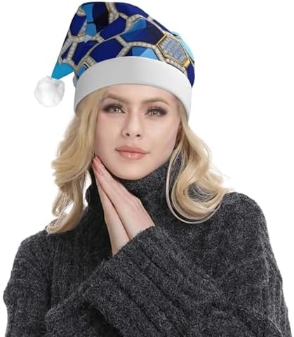 Blue Hexagons Diamond Print Christmas LED Santa Hat