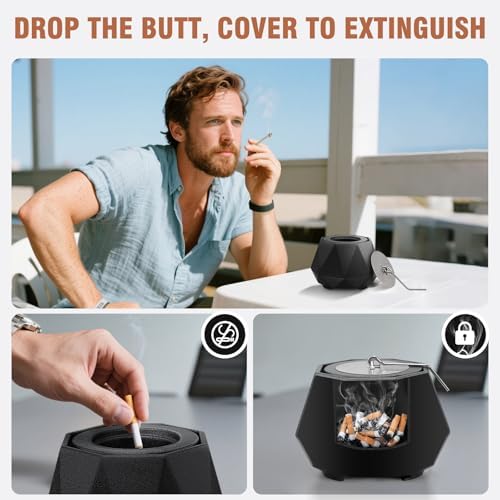Wewow Ceramic Ashtray with Lid for Home and Outdoor Use