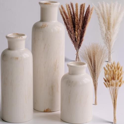 Pampas Grass Vase Set 3 White Ceramic Vases with Dried Pampas