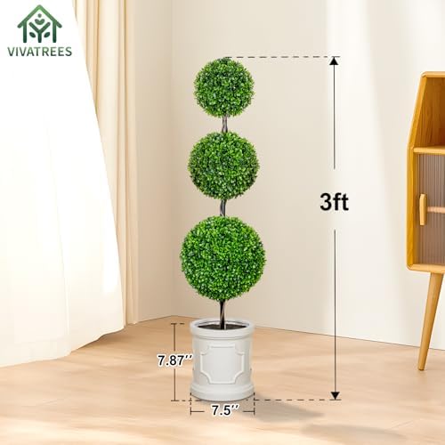 VIVATREES 3FT Artificial Triple Ball Topiary Set of 2 with Planter Pot