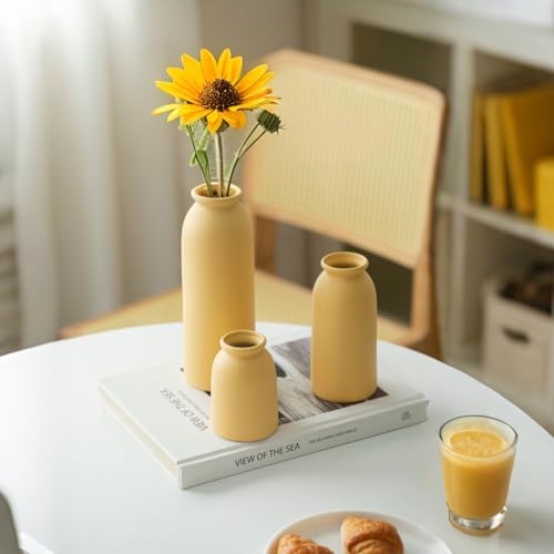 Ceramic Vase Set 3 - Distressed Yellow Boho Farmhouse Style