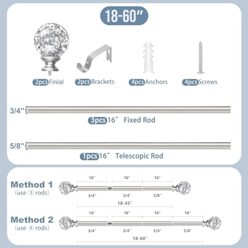 Silver Crystal Curtain Rods 18-60 Inch Adjustable