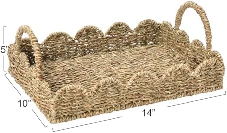 Handwoven Seagrass Tray with Handles and Scalloped Edge