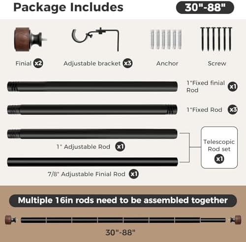 Wood Curtain Rods 30-88 Inches Heavy Duty 1 Inch Diameter