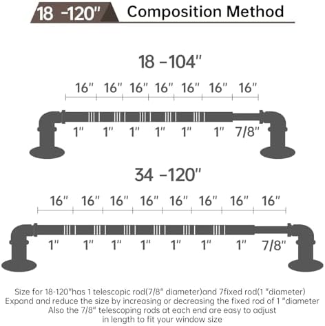 Industrial Curtain Rods 18-120 Inch Adjustable Blackout Rods