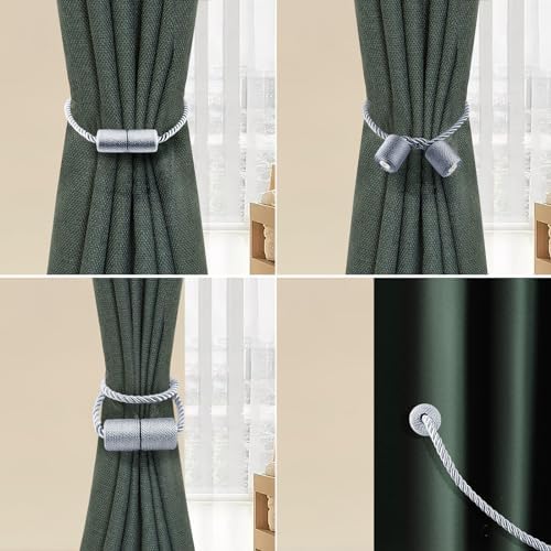 6 Pack Strong Magnetic Curtain Holdbacks with Thick Twist Rope Grey