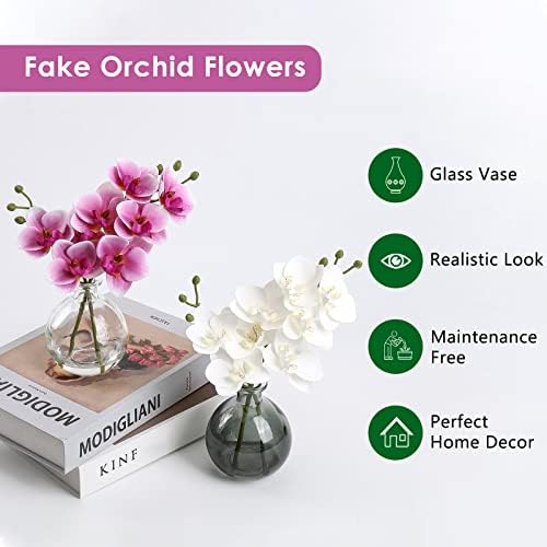 White Orchids Artificial Flower Set of 2 with Black Glass Vase