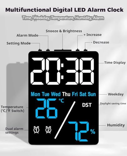 Digital LED Alarm Clock with Thermometer and Hygrometer