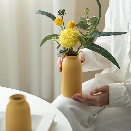 Ceramic Vase Set 3 - Distressed Yellow Boho Farmhouse Style