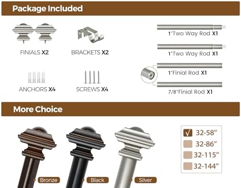 KAMANINA 1 Inch Curtain Rods Adjustable 32-58 Inches Antique Silver