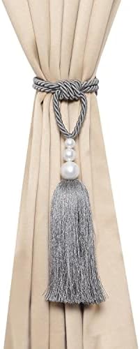 2 Pack Curtain Tiebacks with Pearl Holdbacks Gray