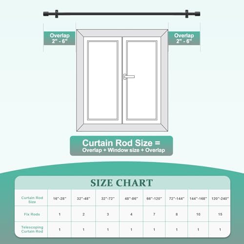 Adjustable 1 Inch Black Curtain Rod for Windows 72-144 Inches