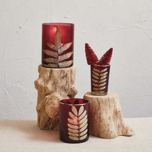 Creative Co Op Large Glass Votive Candleholder with Eucalyptus Leaves Red Gold Finish