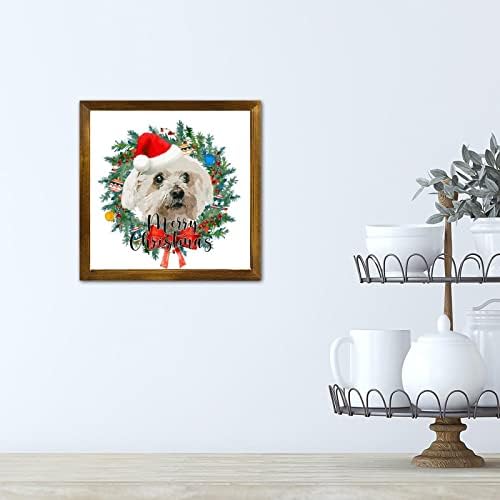 Merry Christmas Dog with Hat Wreath Wall Sign