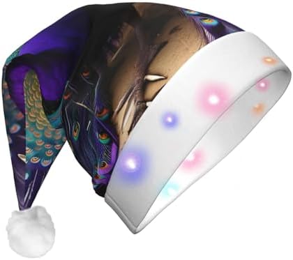 Purple Peacock Print Christmas Hat with LED Lights
