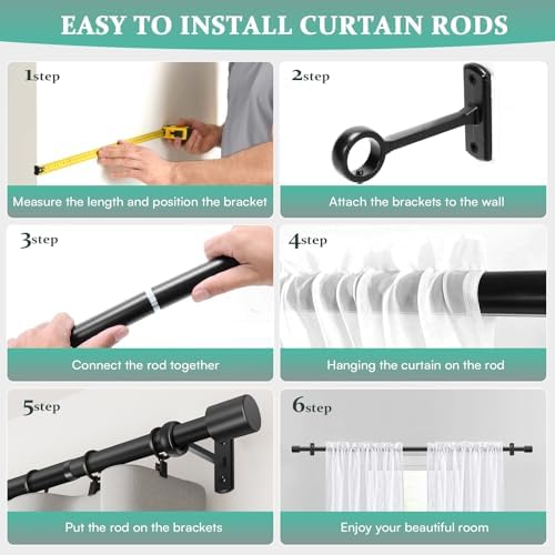 Adjustable 1 Inch Black Curtain Rod for Windows 72-144 Inches