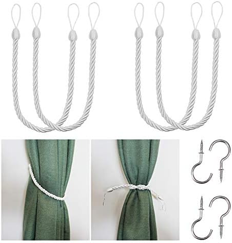 BEL AVENIR Curtain Rope Tiebacks with 4 Metal Screw Hooks White 4 Pack