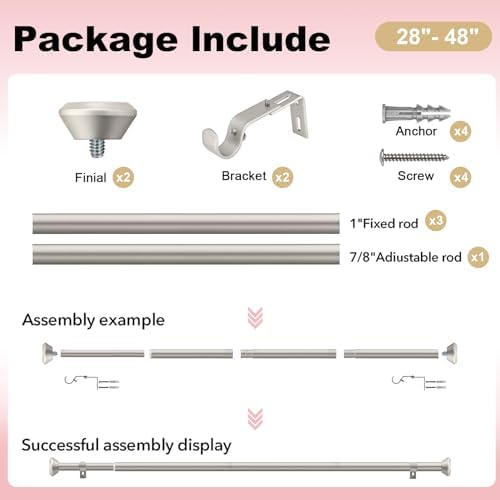 Heavy Duty Curtain Rods 28-48 Inches Silver Adjustable with Diamond Finials