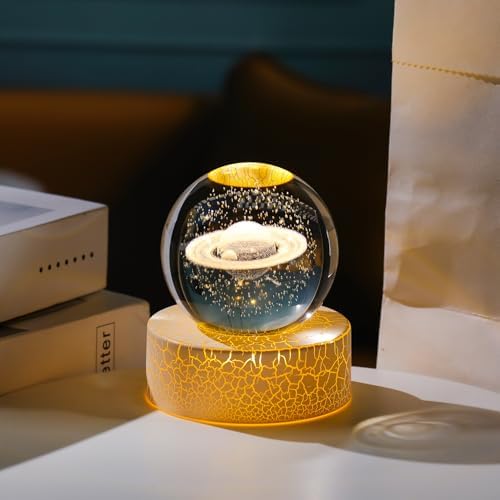 Crystal 3D Saturn Ball Figurine with Warm Light Base