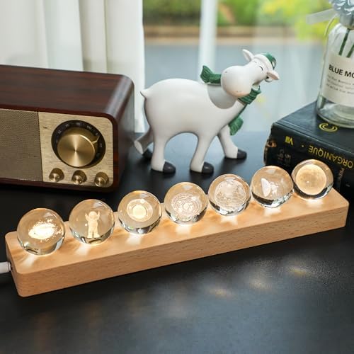 ZEERSHEE 3D Galaxy Planet Crystal Ball Night Light with LED Wooden Base